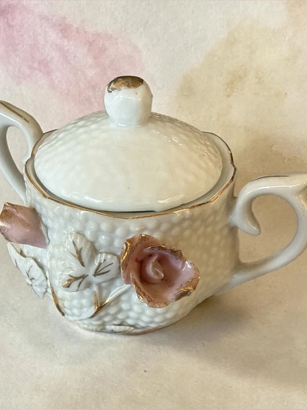 Vintage Japanese Porcelain Demi Creamer Sugar Set Hobnail 3D Pink Rose